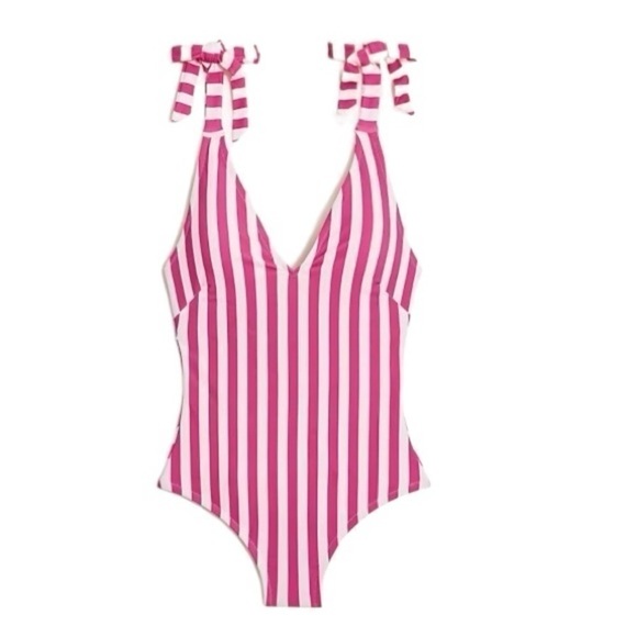 NWT! J. Crew Wild Berry White Striped Tie-Shoulder One-Piece Swimsuit. Size 3X. - Picture 1 of 8